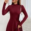 Long Sleeve Solid Rib-knit A-line Ruffle Dress, Casual Mock Neck, Women's Clothing