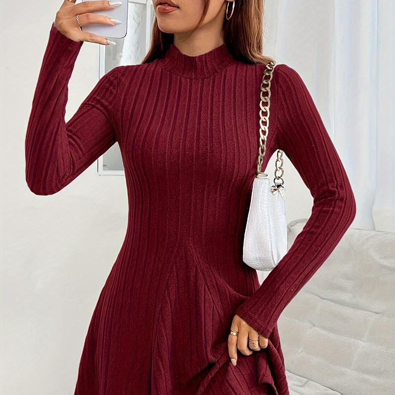 Long Sleeve Solid Rib-knit A-line Ruffle Dress, Casual Mock Neck, Women's Clothing