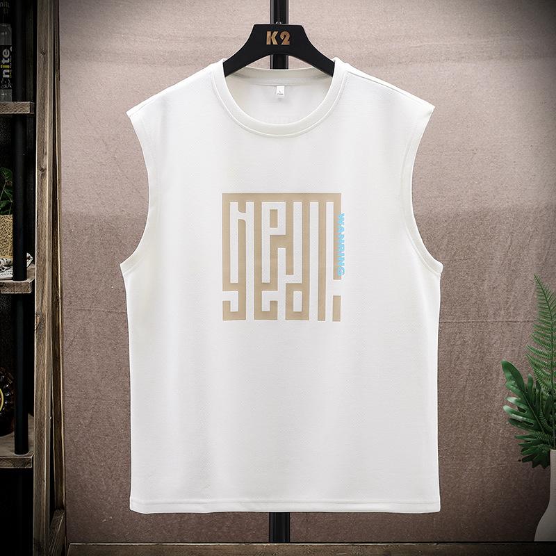 

Мужской спортивный комплект без рукавов из ледяного шелка с китайским принтом: Летняя футболка, майка и шорты XL белый