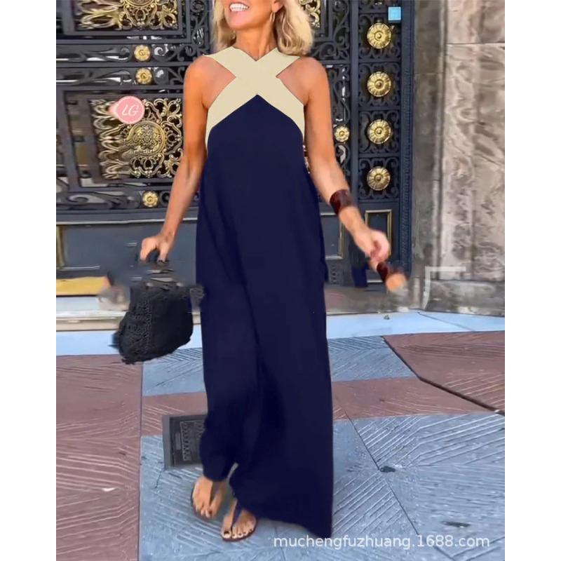 Summer Sleeveless Loose Casual Long Dress New Big Size Women A-line Cross Party Patchwork Dress Sweet Streetwear Sexy Clothing