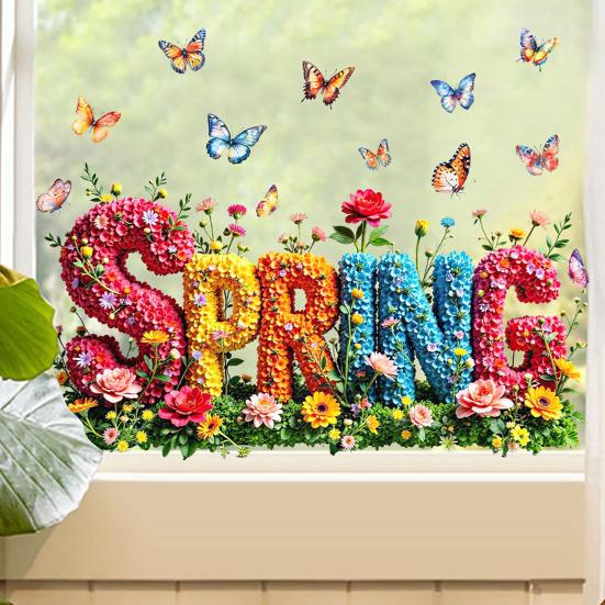 Spring Window Cling Double-Sided Butterfly Letter Sticker Waterproof PVC Static Glass Colorful Flower Holiday Party Window