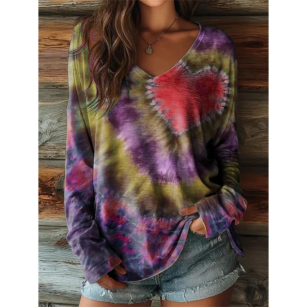 Women's Autumn Long-Sleeve T-Shirt V-Neck Loose Fit Patchwork Style with Irregular Geometric Print Trendy Street-Style Top