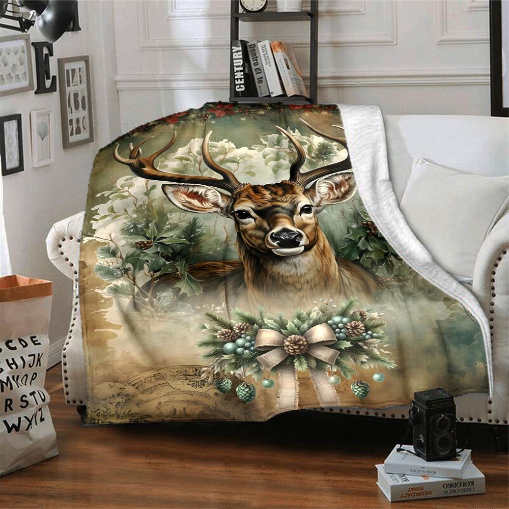 1pc Deer Christmas Blanket Lightweight Flannel Throw for Sofa Bed Travel Camping Livingroom Office Couch Chair