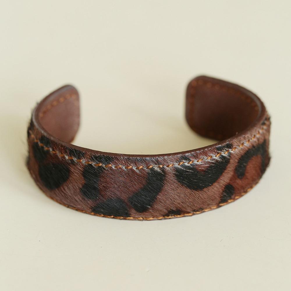 Stitched Real-leather Horsehair Bracelet Furry C-shaped Open Bracelet Leopard Print Bangle  Gift