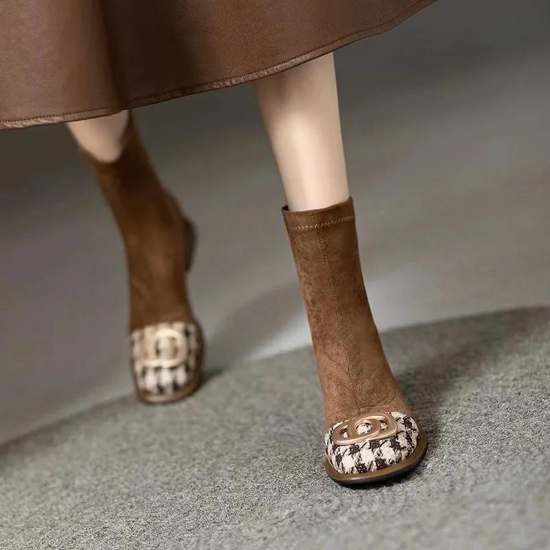 Fashion Women Mid Heels Chelsea Boots Chunky Suede Ankle Shoes Winter 2024 Fashion New Zipper Boots Pumps Walking Punk Warm Sock Botas