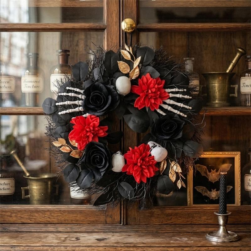 Decorative Halloween Door Wreath, Bone Hand and Skull Flower Wreath 45CM for Front Door Porch Placement, Table Display, Window Framing, and Holiday