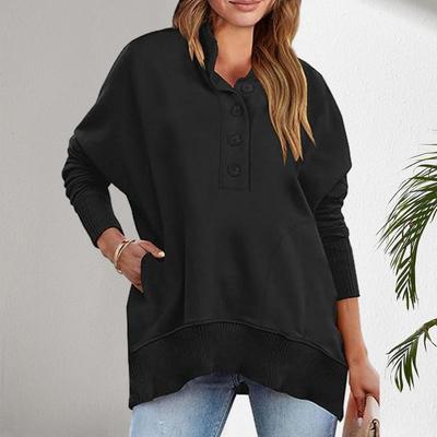 Women Fall Winter Sweatshirt Loose Button Decor Pocket Patchwork Solid Color Half-open Stand Collar Pullover Mid Length Casual T