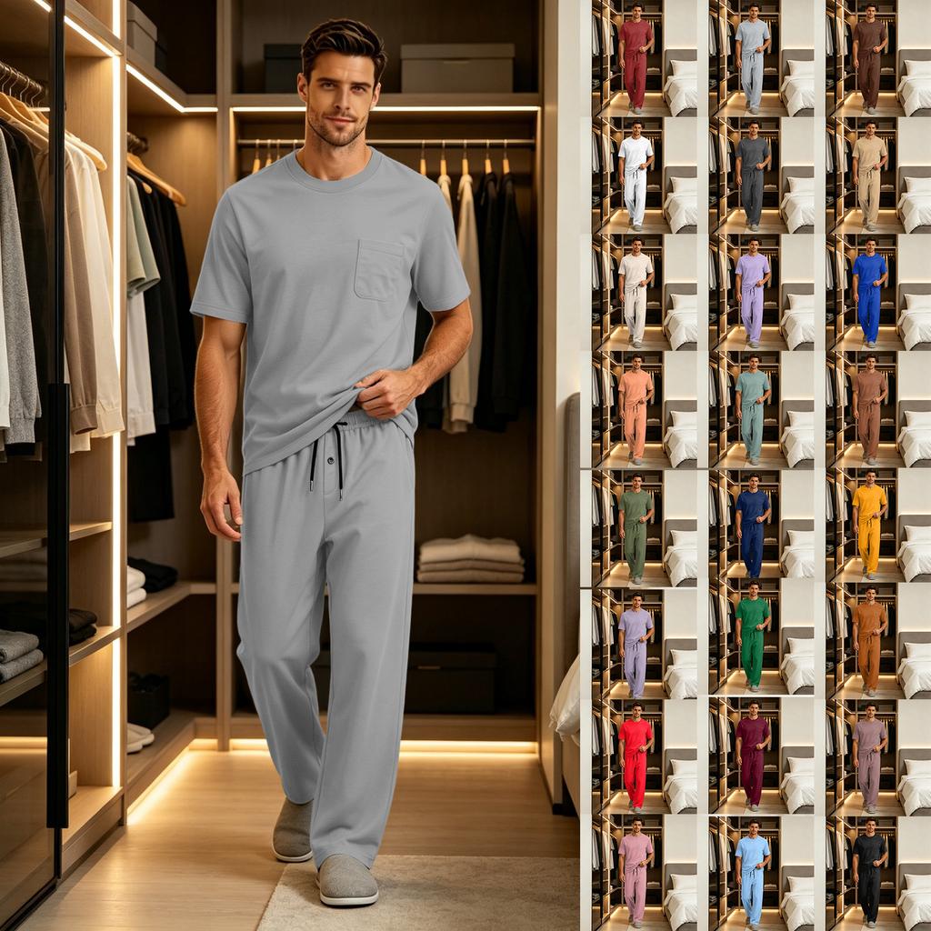 Men's Short Sleeve Pajama Set with Button Crotch and Elastic Waist Drawstring Pants for Sleepwear