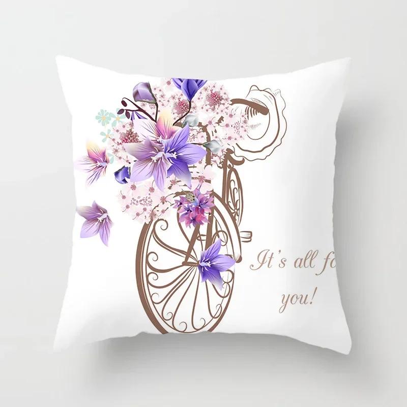Kissenbezug für Wohnzimmer und Schlafzimmer, Polyester-Kissenbezug mit Blumen- und Fahrradmuster, Kissenbezug, Funda de Almohada