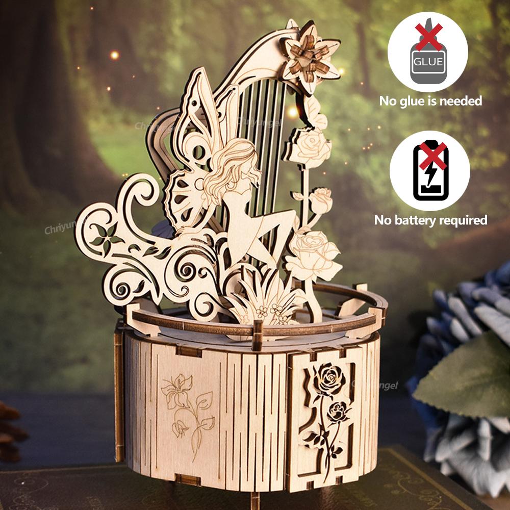 3D Puzzle Wooden Fairy Music Box DIY Assembly Model Building Kit Crafts STEAM Educational Toys Gift for Adults Teens Kids