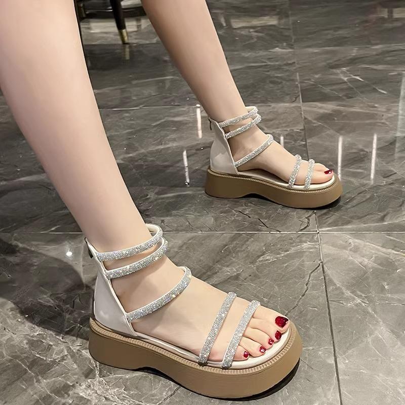 Fashion Sandals for women's summer 2025 new item rhinestone sponge cake thick sole with skirt Korean version Roman shoes