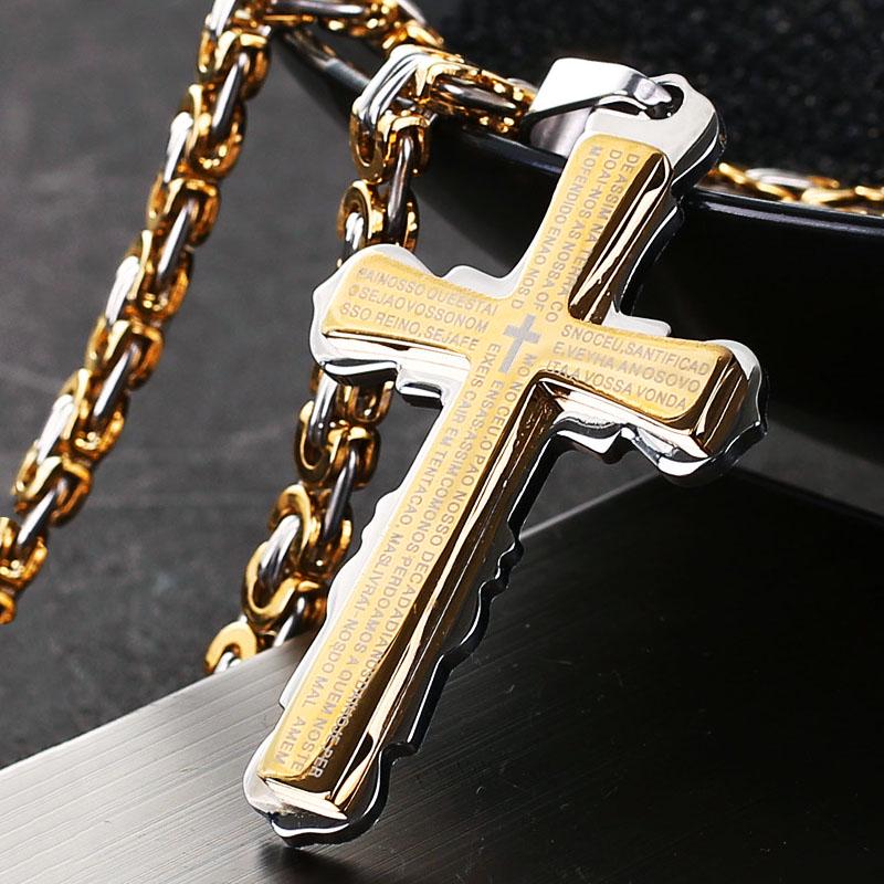 Catholic Spanish Bible Cross Pendants Necklace Stainless Steel Byzantine Link Chain Necklaces Bible Prayer Male Jewelry Gift