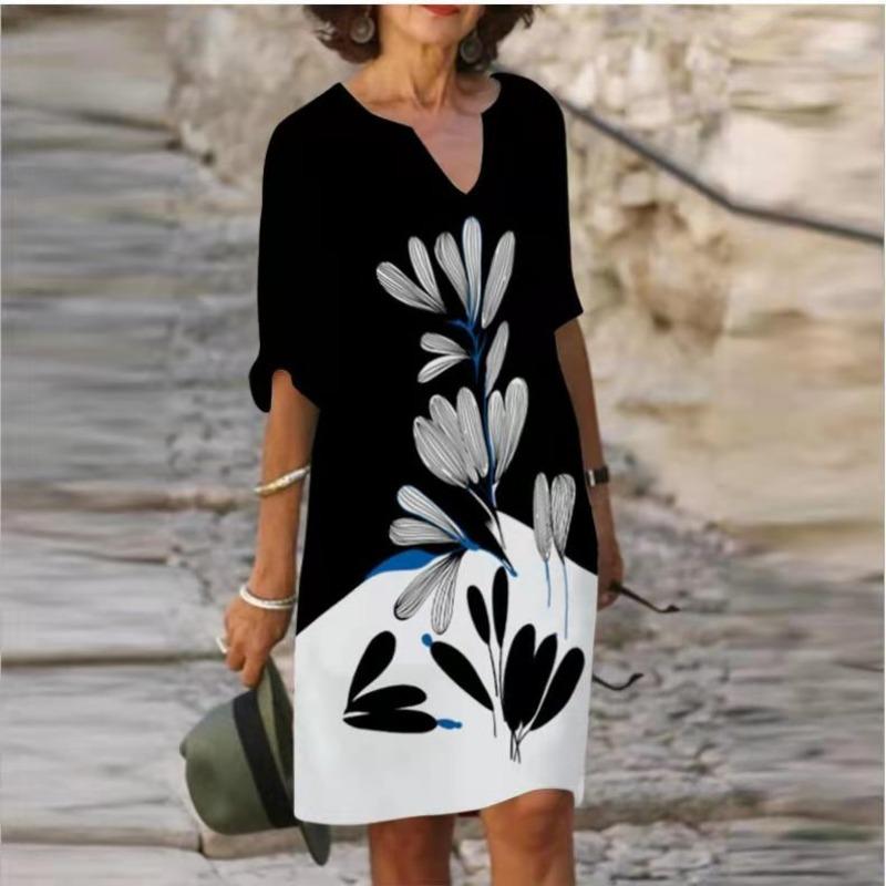 QICED Abiti Estivi Stampati Larghi in Fibra di Bambù Lino Floreale Manica Corta Donna Vintage Letterario Scollo O Manica a Cinque Punti