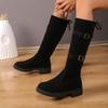 Fashion Metal Buckle Decoration Knee Boots Women  Autumn Sexy Solid Black Slip On Boots Lace Up Bowknot Medium Heel Booties