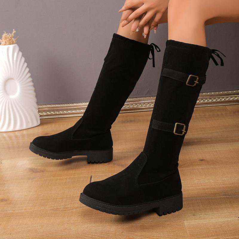 Fashion Metal Buckle Decoration Knee Boots Women  Autumn Sexy Solid Black Slip On Boots Lace Up Bowknot Medium Heel Booties