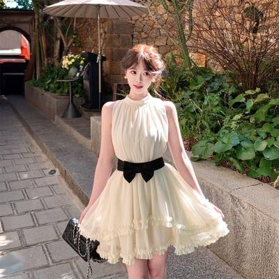 French Sweet Daughter Wind Neck Dress Women's Summer Bow Waist Tutu Skirt Atmosphere Feeling Thin Skirt