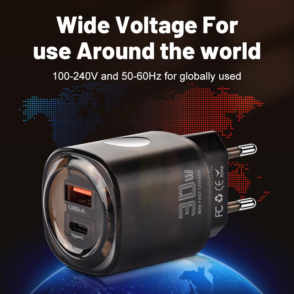 30W Dual Port USB & Type-C Fast Charger for US/EU - Mobile Phone PD Travel Charger