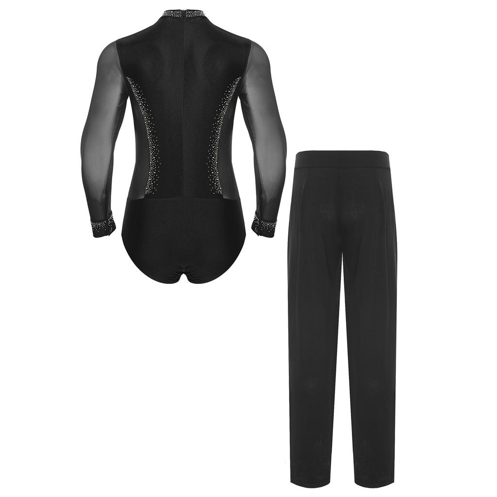 Mens Latin Dance Costume Mock Neck Long Sleeve Shiny Rhinestones Mesh Leotard Bodysuit High Waist Pants Chacha Set