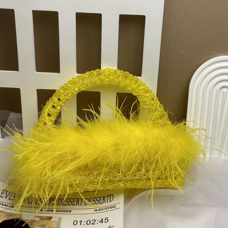 

Handmade Ostrich Hair Beaded Bag Clear Acrylic Crystal Stone Box Tote Handbag Women Handmade Party Purse