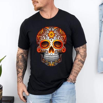 Day of Dead Sugar Skull Floral Skeleton Head Bone Skull T-Shirt