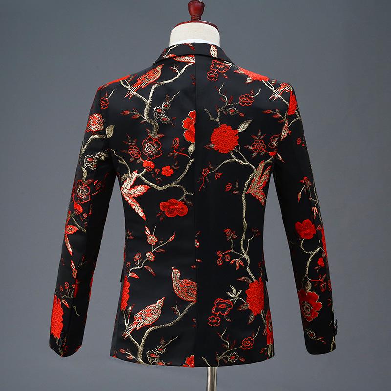 Men's Black Embroidered Single-Breasted Suit for Stage and Hosting