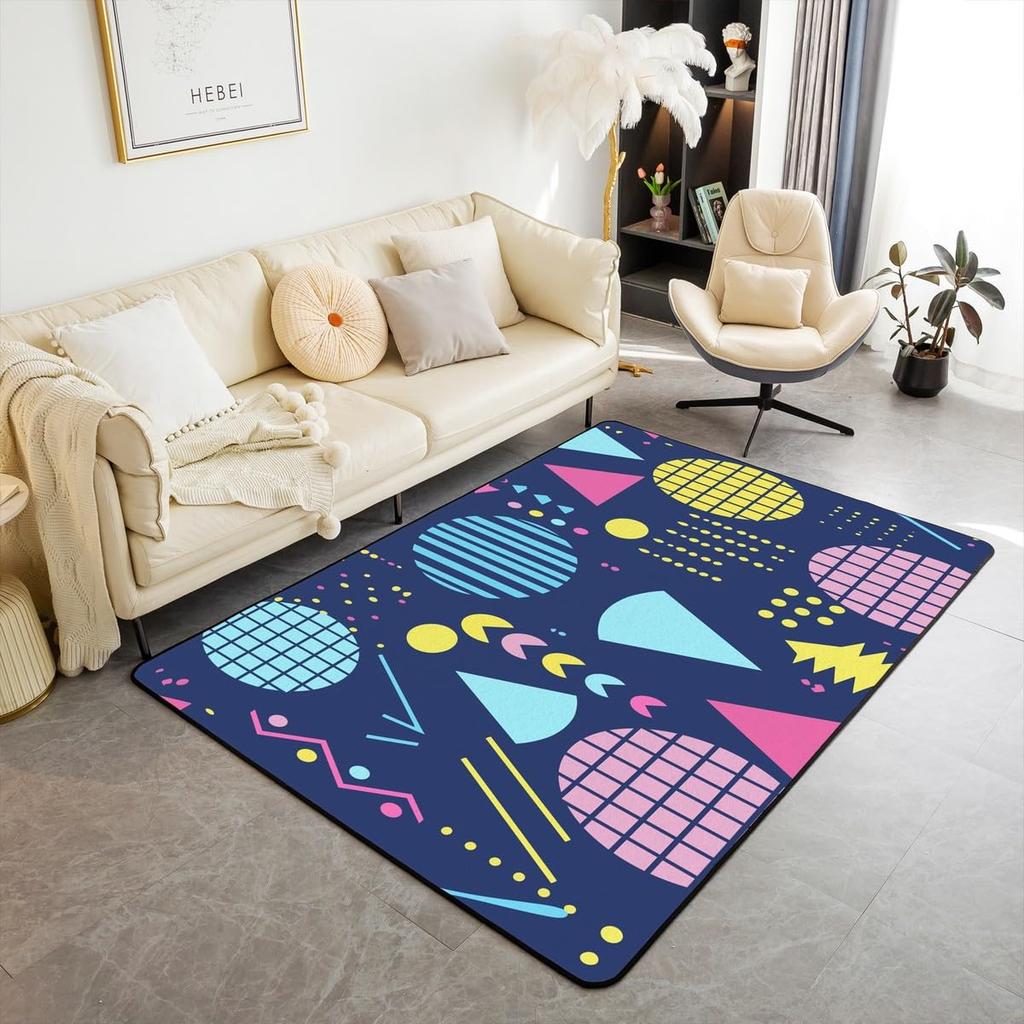 Retro Memphis Style Geometric Print Area Rug, 80s Neon Colorful Non-Slip Floor Mat for Living Room Bedroom Home Decor Carpet