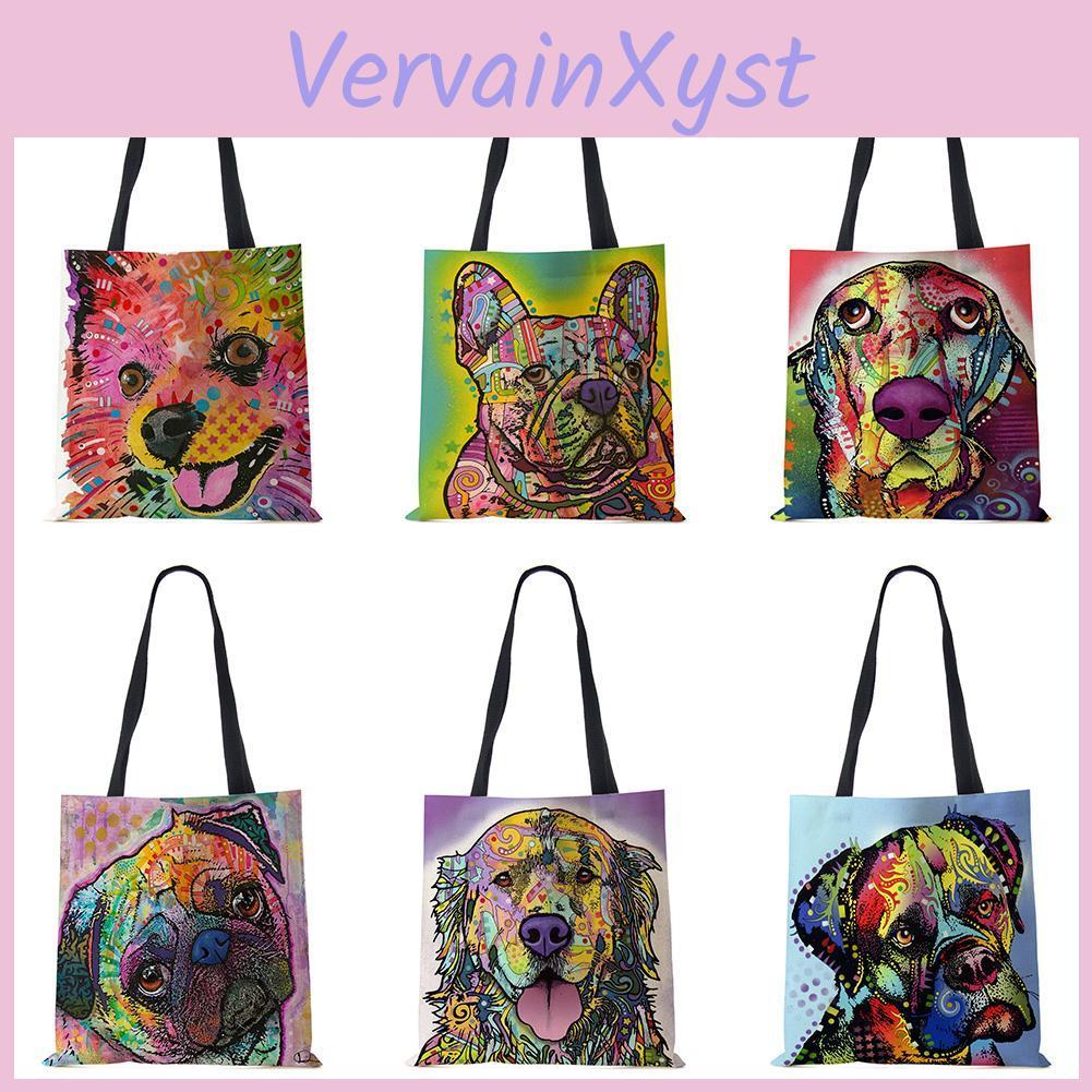 Women Totes Linen With Handbag Dog Print Casual Traveling Beach Gift Bags