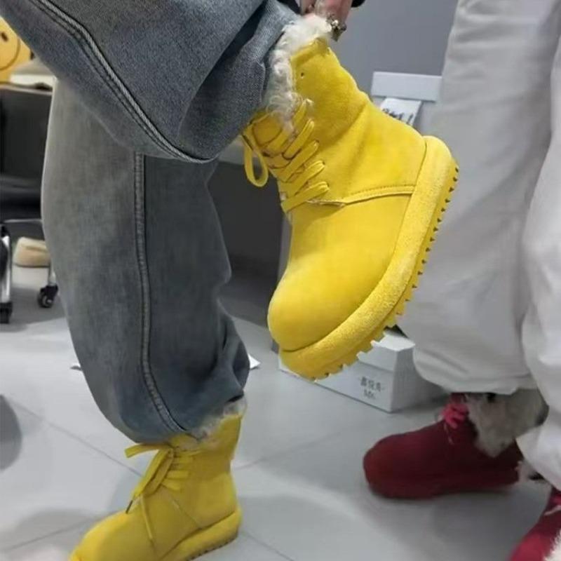 Platform Fluffy Snow Boots Versatile New Vintage Lace-Up Fleece Warm Round Toe Non-Slip Booties