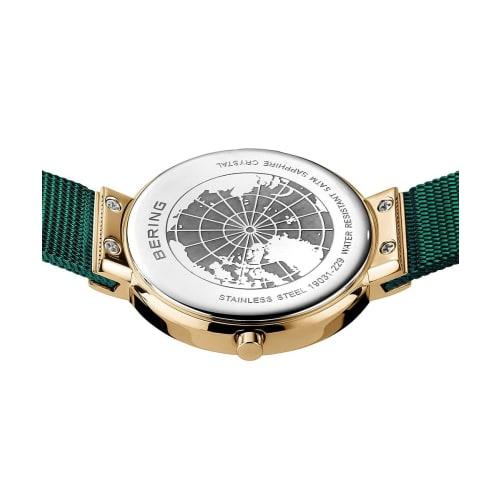 BERING Women's Quartz Watch, Green and Gold, Stainless Steel, Mesh Strap, Japan Exclusive, 19031-828, Officially Imported, 3-Year Warranty, Scratch-Re