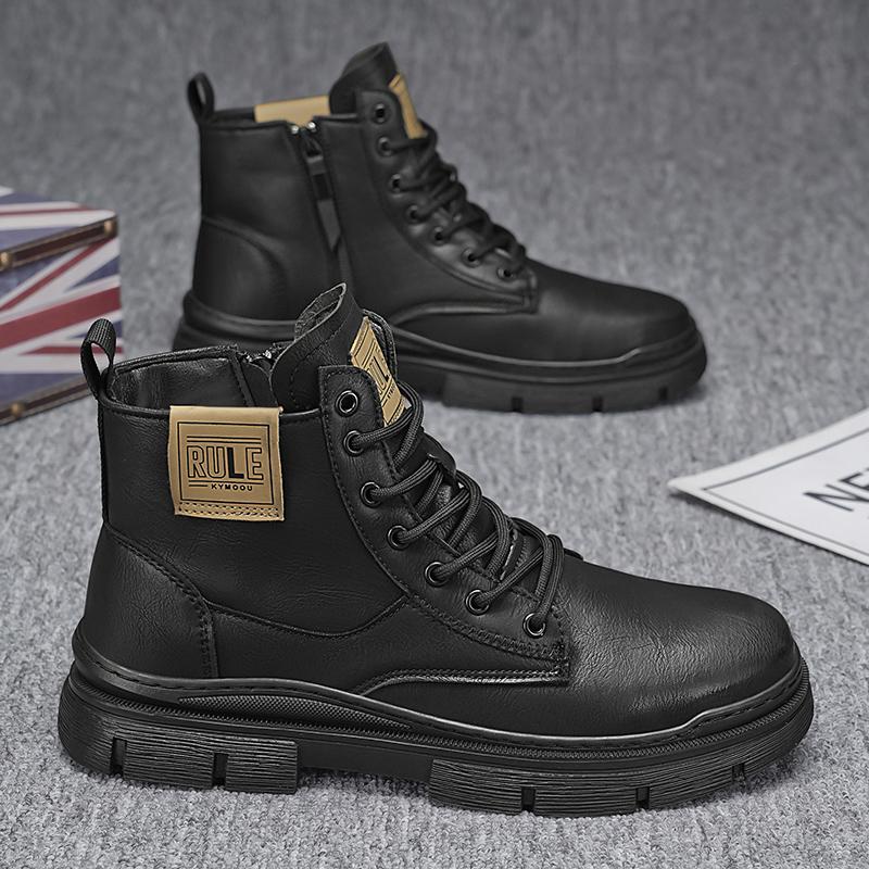 Fashion 2025 Winter Leather Mens Boots Fashion Thick Bottom Lace-up Casual Men's Work Shoes New Design Warm Black Ankle Boots Male