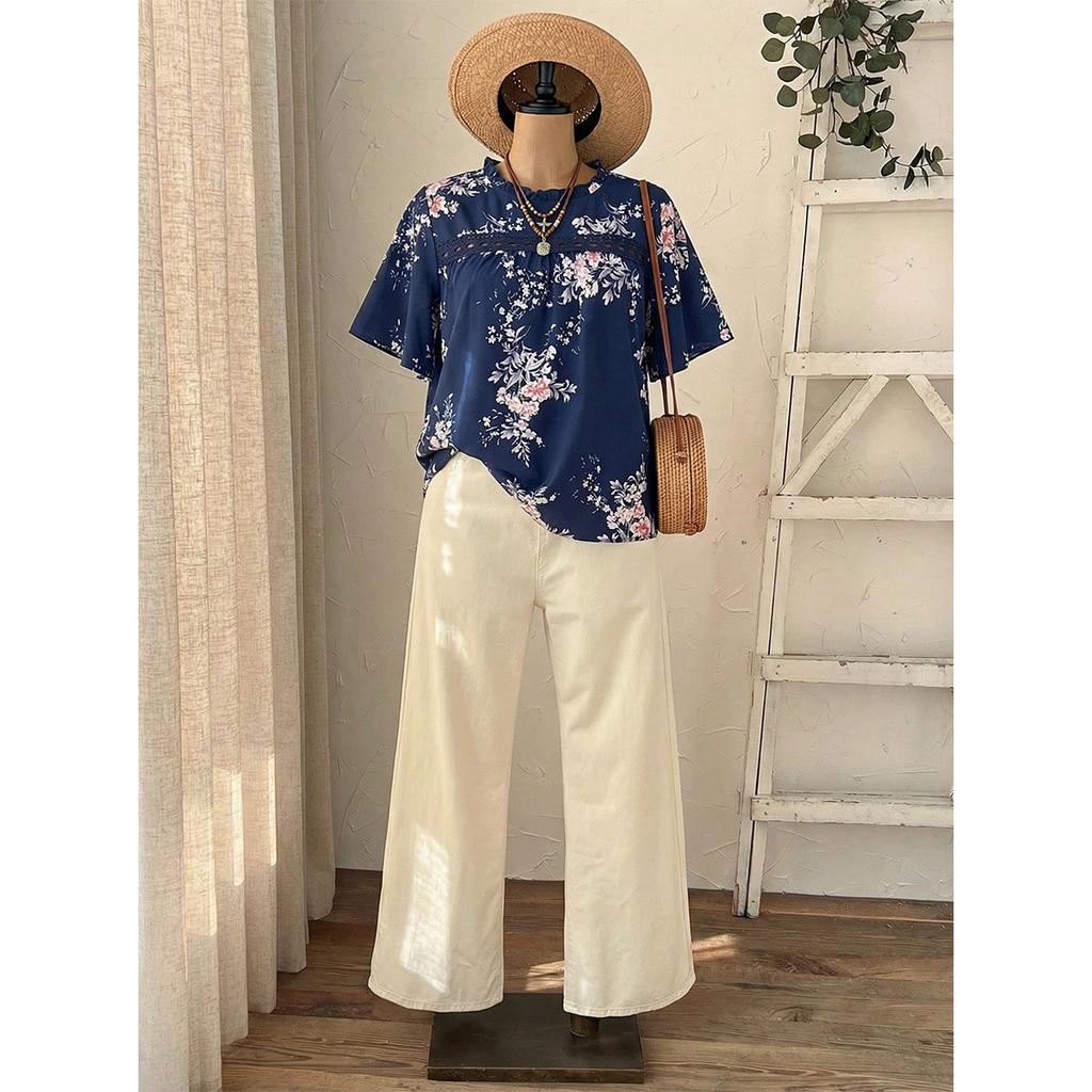 Amazon's new loose top fat mm meat cover top navy blue floral lace-up wooden ear edge loose short-sleeved T-shirt