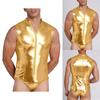 Men Metallic Shiny Bodysuit Clubwear Swimwear Mock Neck Sleeveless Front Zip-up Leotard One Piece Bathing Suit for Rave Party