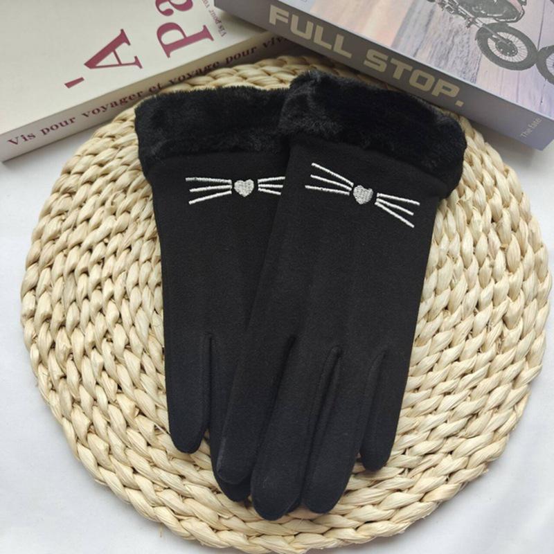 

Новые плюшевые зимние перчатки с сенсорным экраном, теплые перчатки с сенсорным экраном, милые варежки для вождения с вышивкой кошки, женские One size