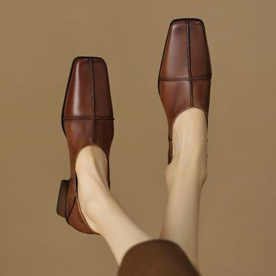 Fashion Women's New Spring and Autumn Square Head Vintage Genuine Leather Cowhide Comfortable High Heel Deep Mouth Oxford Single Shoes