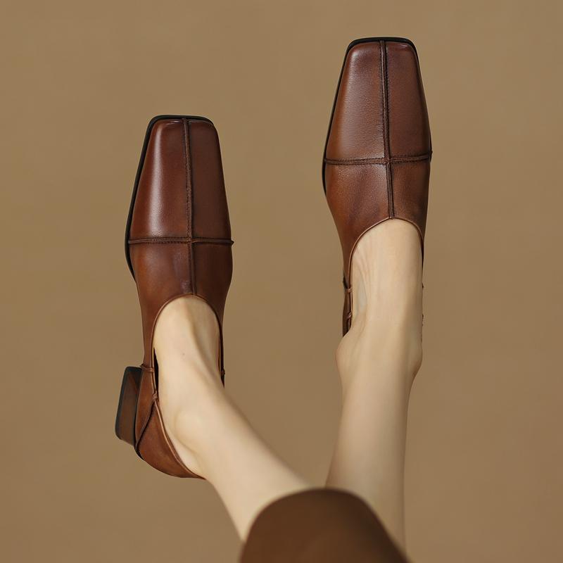 Fashion Women's New Spring and Autumn Square Head Vintage Genuine Leather Cowhide Comfortable High Heel Deep Mouth Oxford Single Shoes