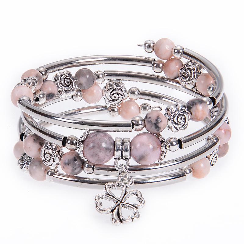 Pink Zebra Stone Multi-Layer Wrap Bracelet with Floral Pendant
