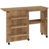 Folding Sewing Table, Drop-Leaf Front, Storage Bins, Open Shelf, Casters, Brown