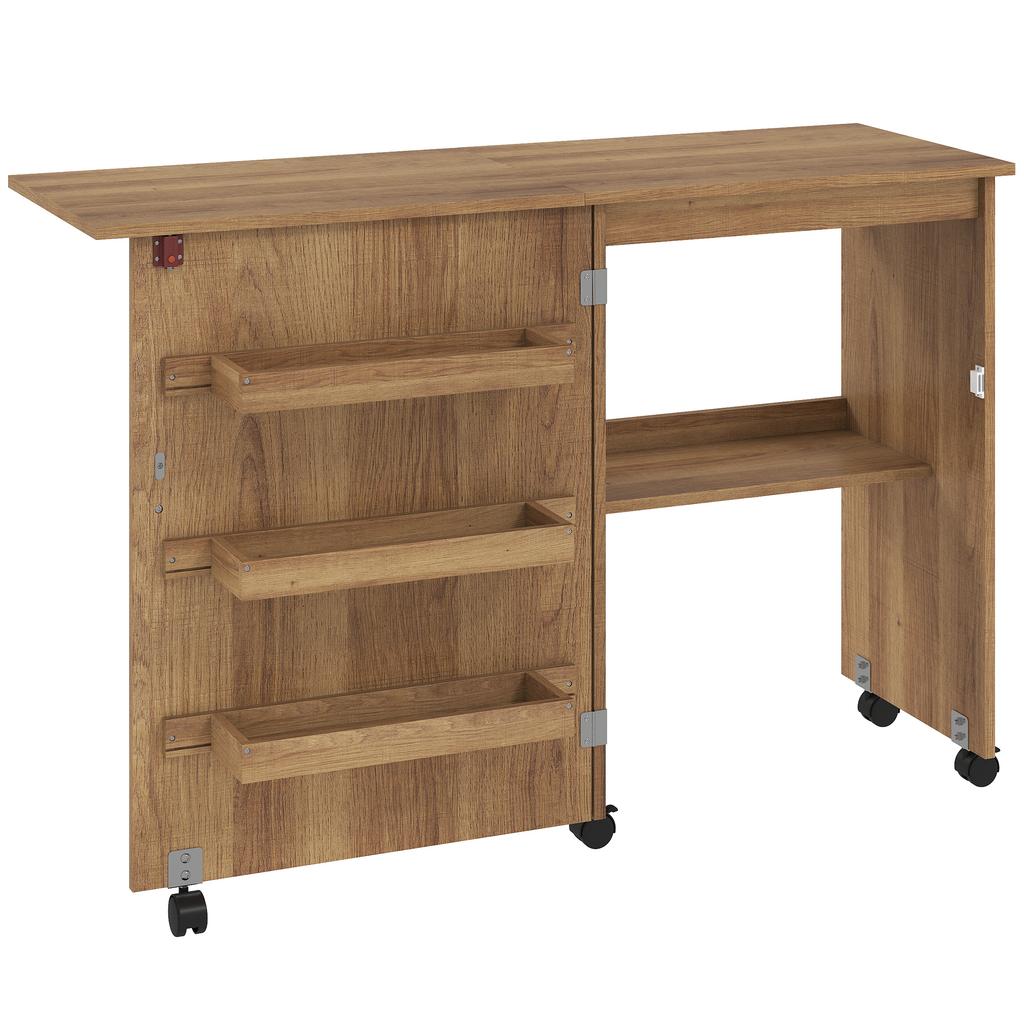 Folding Sewing Table, Drop-Leaf Front, Storage Bins, Open Shelf, Casters, Brown