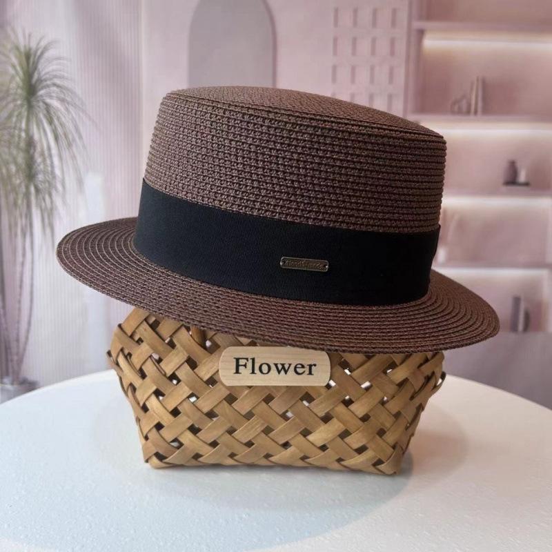 Flat Top Hat Women's Summer Vacation Seaside Panama Hat Flat Edge French Beach Hat Braided Sunshade Sunscreen Top Hat