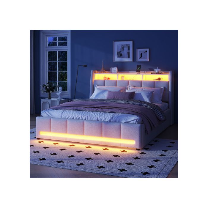 Lit - MUVOE - 140 x 200 cm - Rembourré en lin beige - Éclairage LED - Prise USB intégrée