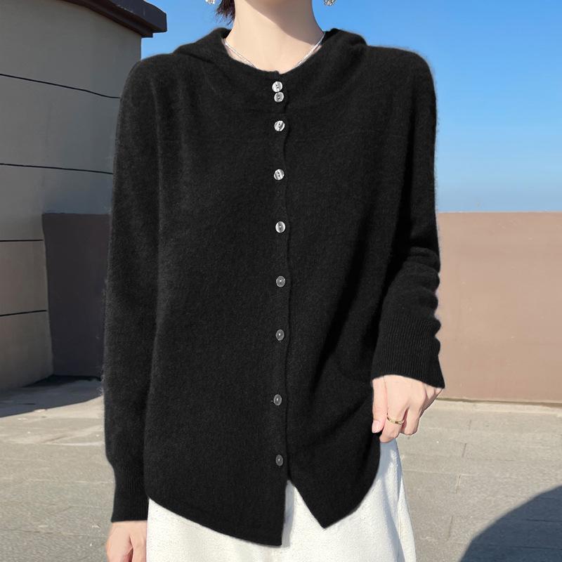 Pure Wool Women's Autumn/Winter 2024 Round Neck Hooded Button-Up Knit Cardigan Sweater Coat