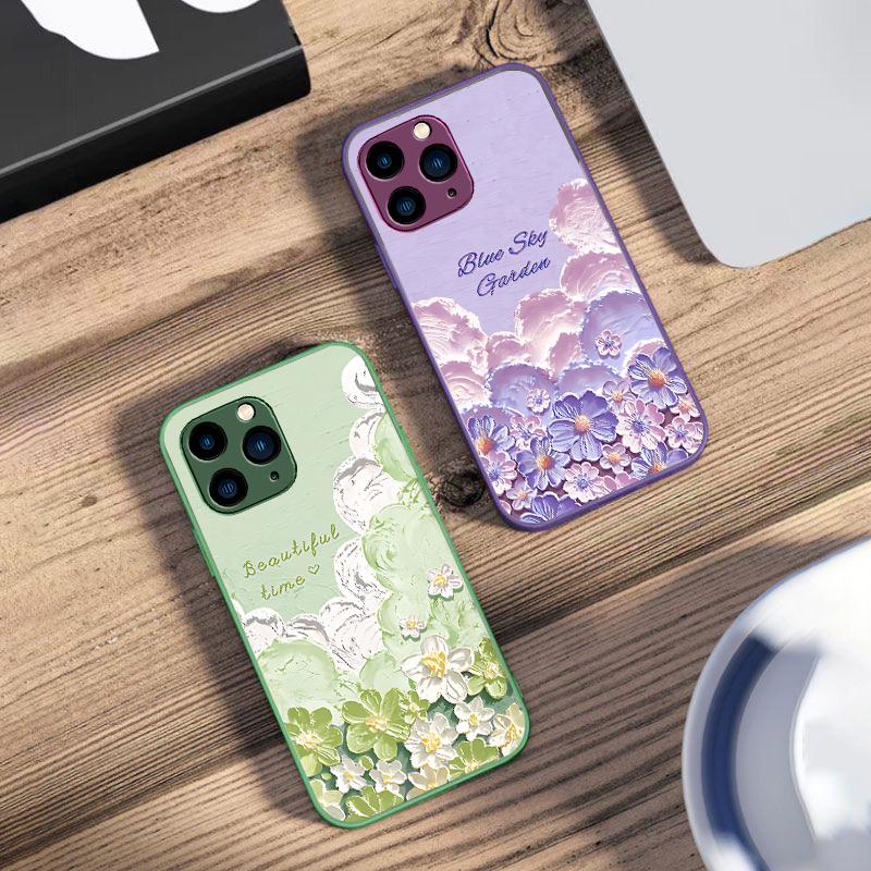 Oil Painting Flower Purple For IPhone 16 Pro Max 15 Pro 14 13 12 Mini 11 XS Max XR 7 8 Plu SE 2022 Tempered Glass Phone Case