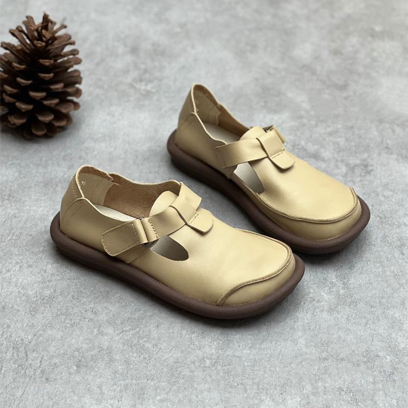 

Женские летние винтажные повседневные туфли ручной работы из кожи с круглым носком на плоской подошве 39 бежевый