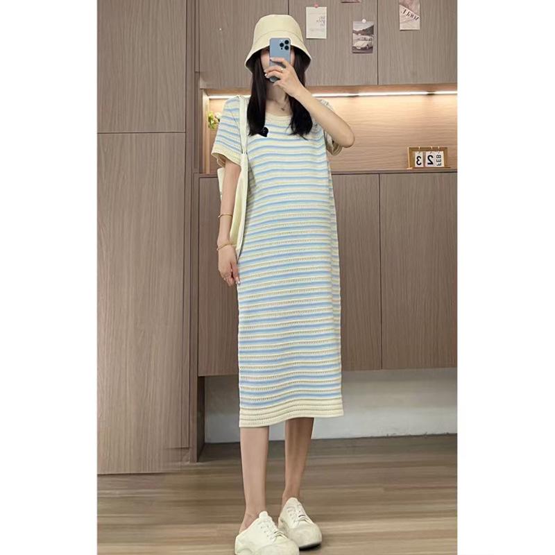 

Maternity Summer 2026 Heart-Stripes Ice Silk Dress - New Fashion L