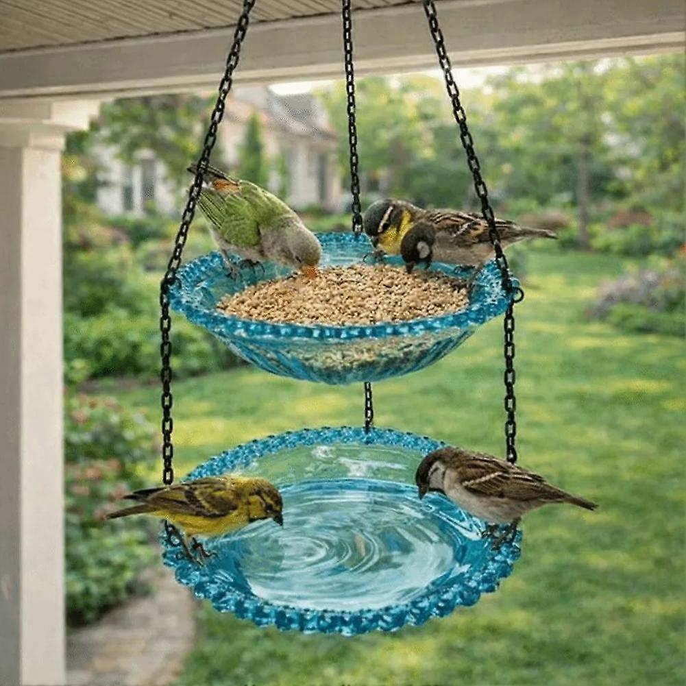 Hanging Bird Feeder with 2-Tier Design, Transparent Birdbath for Garden and Patio Decor, Outdoor Wild Seed Tray for Balcony, Easy to Install Plas