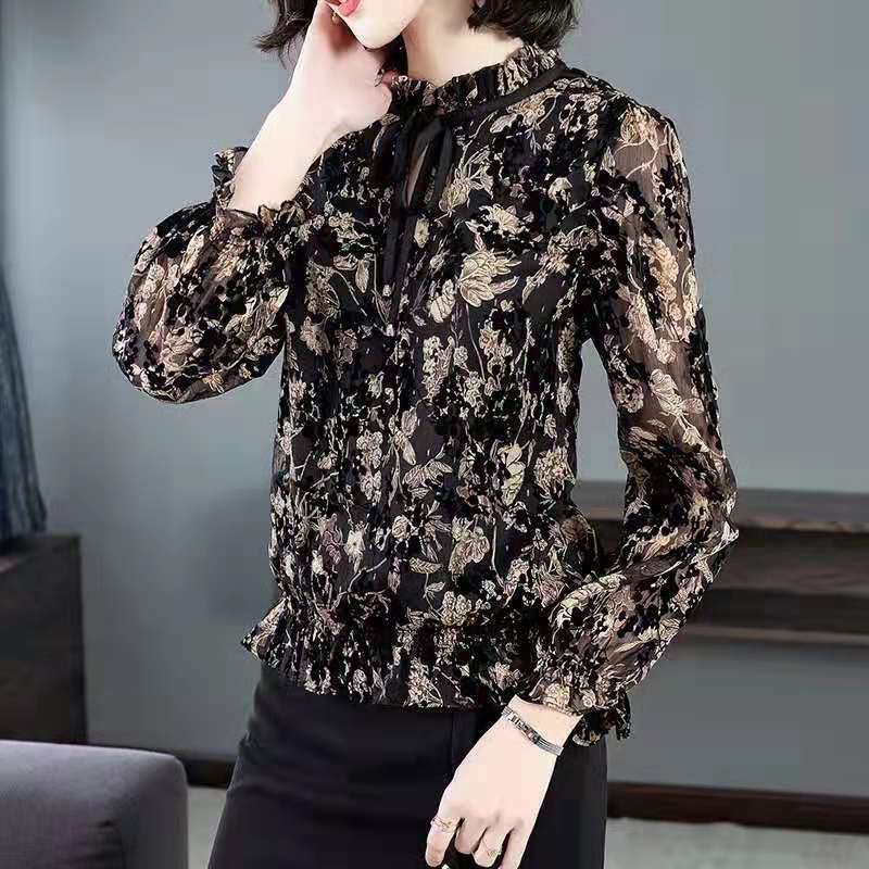 Floral Printed Chiffon Shirt Casual Loose T Shirt for Women