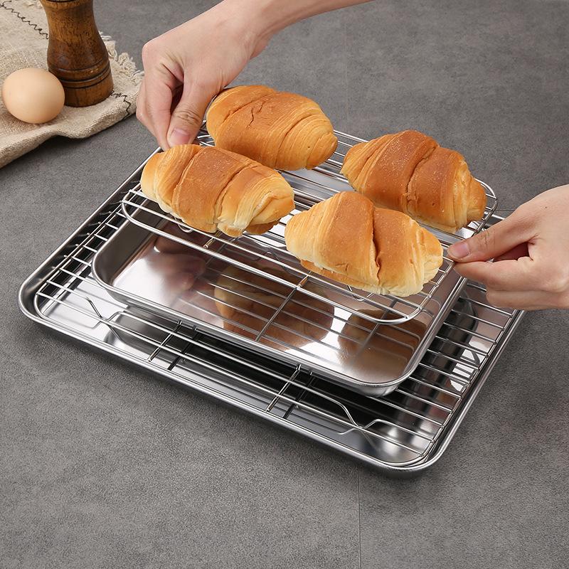 Stainless Steel Baking Pan Tray with Wire Rack Safe Cake Baking BBQ Tray Plate Oven Brownie Rack Cooking Roasting Grilling Tool