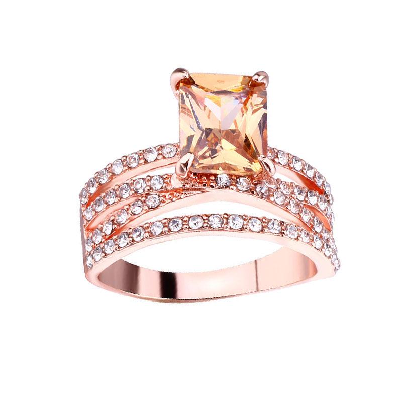 Xunou Rose Gold-Plated Diamond Square Champagne Engagement Ring for Women