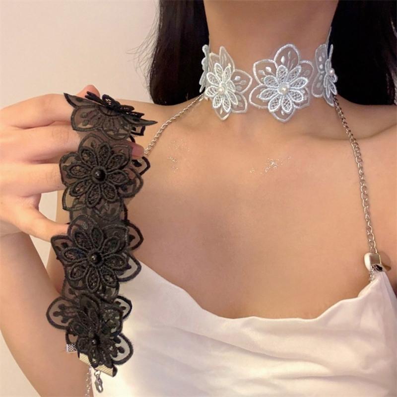 Collana di Pizzo Floreale Ispirazione Vintage con Perle Finte Catena Corta per Matrimoni e Feste