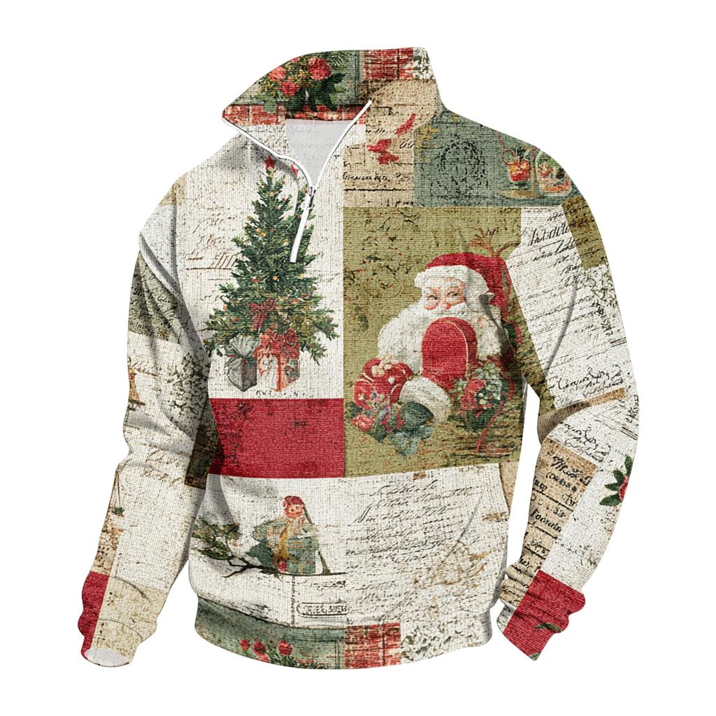 Men's Casual Sweatshirt with Stand Collar and Christmas Print